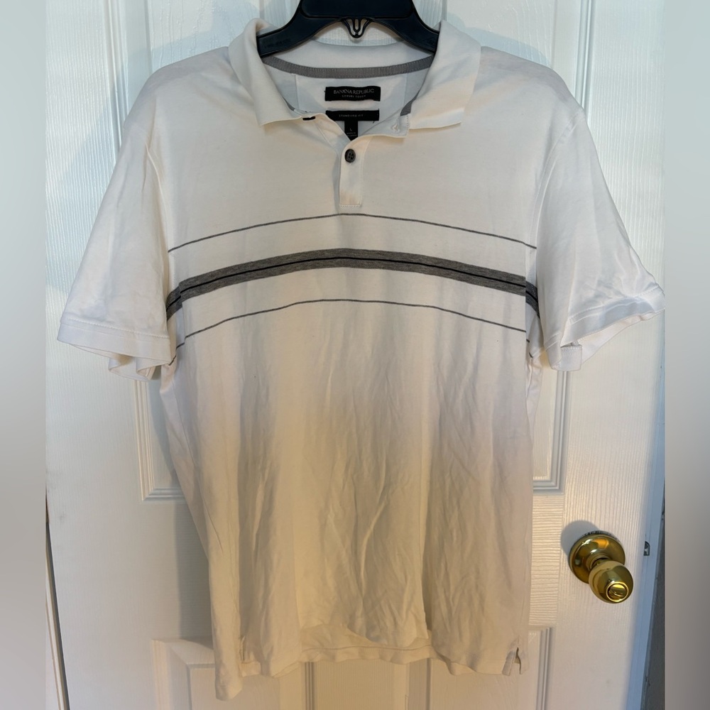 Banana Republic Luxury Touch Standard Fit Polo in White with Grey Stripe